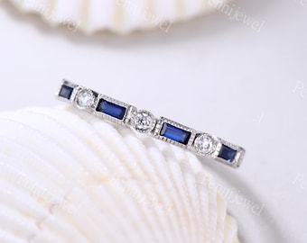 Blue Sapphire Ring,Half Eternity,3x1.5mm Baguette Sapphire Wedding Band,Diamond Sapphire Matching Stacking Band,Gift For Women,Art Deco Ring