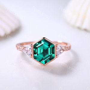 14k Rose Gold Ring Vintage Hexagon Emerald Engagement Ring For Women Moissanite Wedding Band May Birthstone Ring Anniversary Bridal Ring