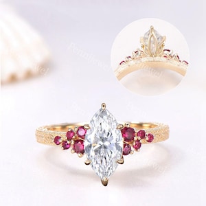 Marquise Moissanite/Diamond Tulip Setting Engagement Ring 14K Gold Vintage Ruby Cluster Ring Antique Filigree Milgrain Bridal Promise Ring