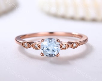 Rose Gold Round Cut Aquamarine Engagement Ring Art Deco Diamond Wedding Band Blue Aquamarine Jewelry Women Anniversary Ring March Birthstone