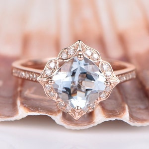 Floral Aquamarine Engagement Ring 14 Rose Gold Milgrain Style Diamond Halo Diamond Wedding Band 7mm Cushion Cut Natural Blue Stone