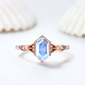 Rose Gold Hexagon Cut Moonstone Engagement Ring Diamond Milgrain Band Art Deco Natural Moonstone Ring Women Anniversary Moonstone Jewelry