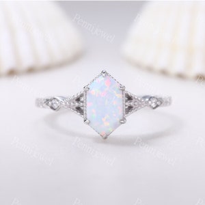 Vintage Long Hexagon Cut White Opal Ring Diamond Silver Band Opal Jewelry Art Deco Promise Engagement Ring For Women October Ring Gift