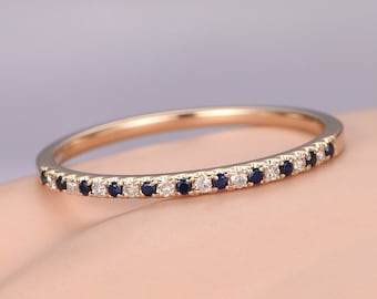 Natural Blue Sapphire diamond wedding band solid 14k yellow gold,half eternity ring engagement ring stacking matching band anniversary ring