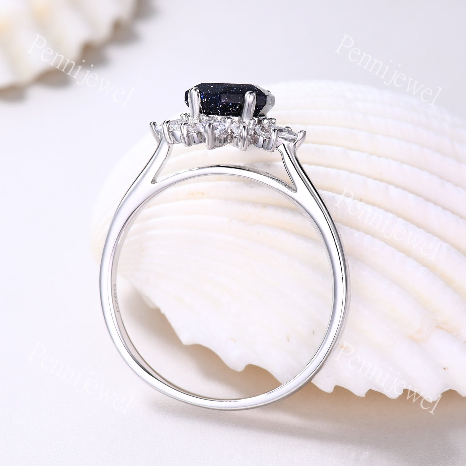 Hexagon Cut Blue Sandstone Ring Unique Women Bridal Ring 14k White Gold ...