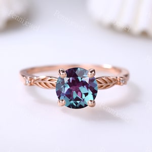 Alexandrite color changing  stone engagement ring,June birthstone women birthday ring,rose gold round cut alexandrite diamond bridal ring