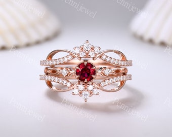 Ruby engagement ring set,Diamond enhancer band,Vintage ruby rings for women,Rose gold ruby jewelry,Double curved band,Anniversary ring gift