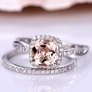 White Gold Morganite Engagement Ring Set Women Half Eternity Diamond Matching Band Infinity Ring 8mm Cushion Cut Stone Anniversary Gift