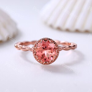 Art Deco 7mm Round Cut Padparadscha Sapphire Ring,Marquise Shaped Plain Gold Band,Rose Gold Plated Ring,Anniversary Birthday Ring For Women