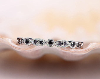 Black Diamond wedding band half eternity ring solid 14k white gold engagement ring stacking matching band anniversary ring Marquise set