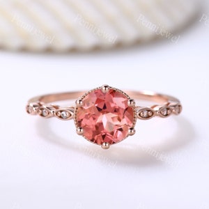 Vintage Padparadscha Sapphire Ring,Rose Gold Ring,Half Eternity Diamond Band,Orange Sapphire Diamond Rings For Women,Anniversary Gift