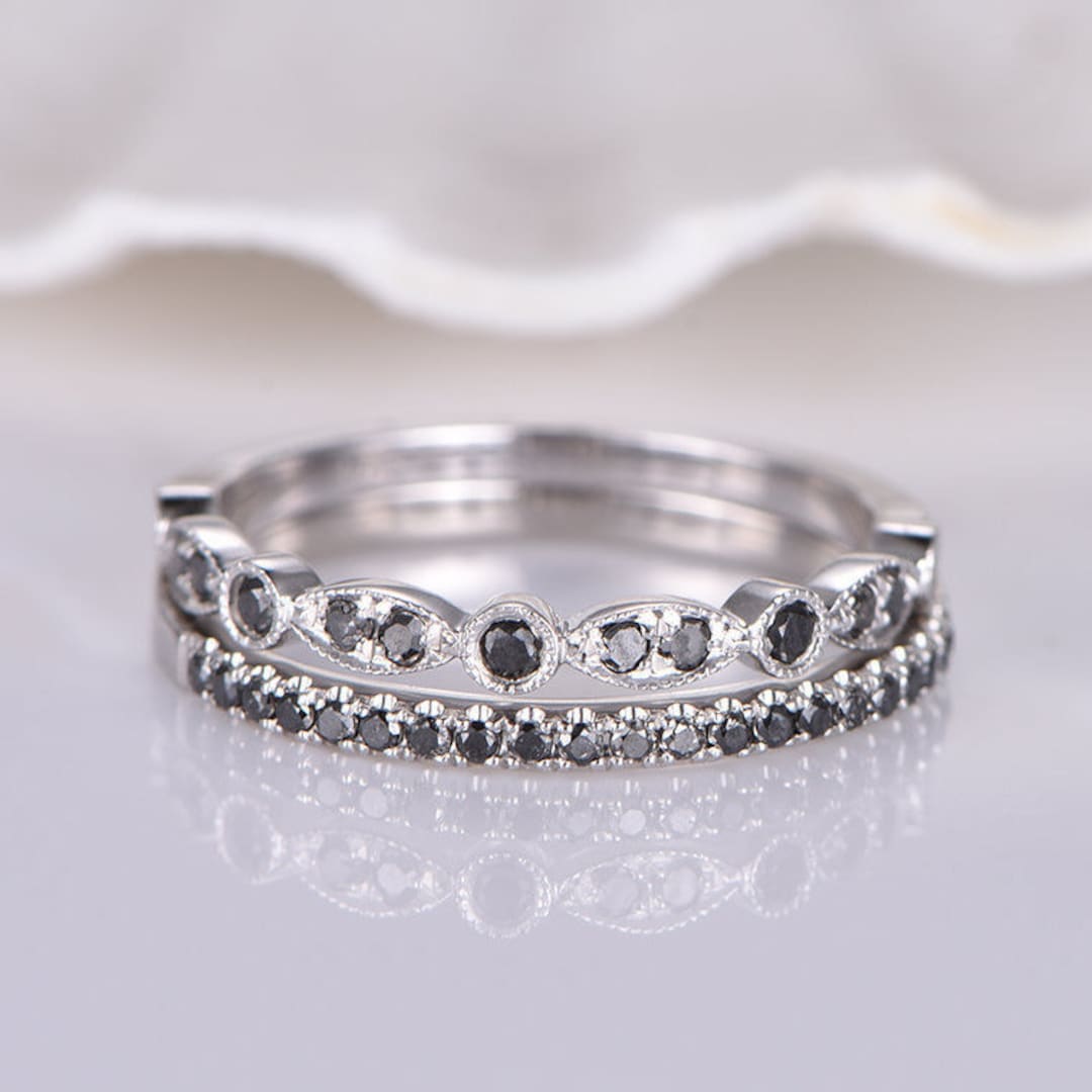 Black Diamond Wedding Band 14k White Gold Half Eternity Ring Natural ...