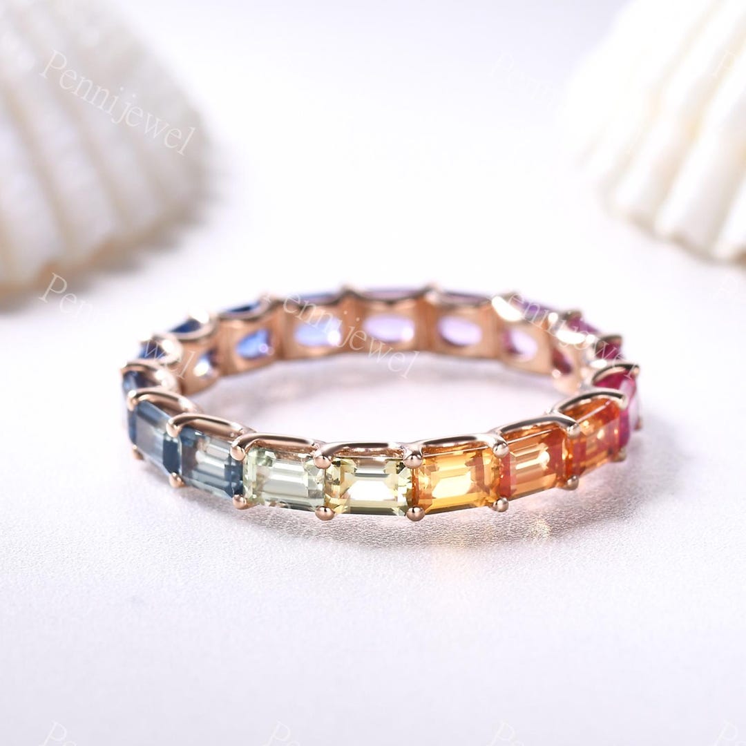 Natural Rainbow Sapphire Wedding Ring,baguette Sapphire Ring,eternity ...