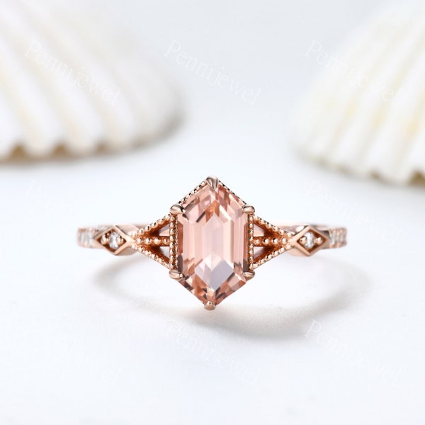 Vintage Long Hexagon Morganite Ring Diamond Rose Gold Band Peach Morganite Jewelry Art Deco Promise Engagement Ring For Women Gift For Her