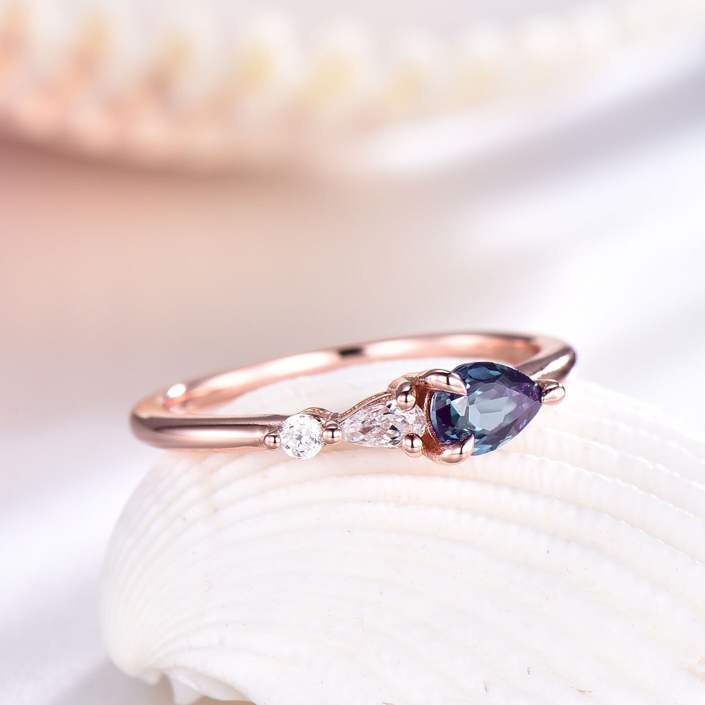 Small Alexandrite Rings Alexandrite Ring Alexandrite Wedding Band 14k Rose Gold Moissanite ...