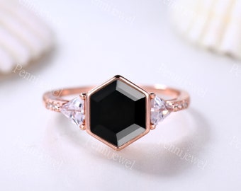 Vintage Black Onyx Engagement Ring Art Deco Hexagon 7x6mm Black Agate Ring For Women Promise Anniversary Ring Moissanite Band Birthday Gifts