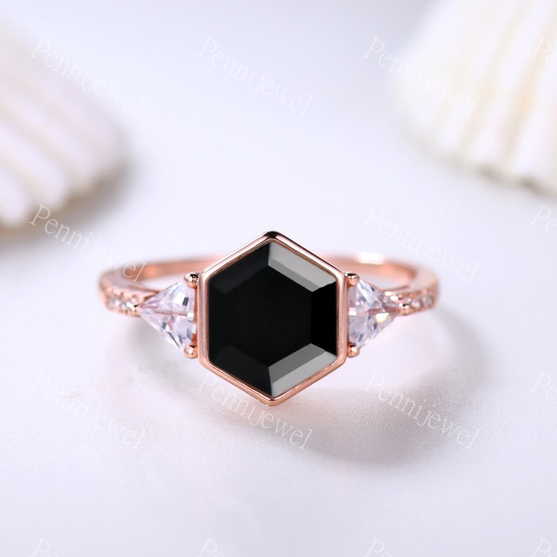 Vintage Black Onyx Engagement shops Ring Art Deco Hexagon 7x6mm Black Agate Ring For Women Promise Anniversary Ring Moissanite Band Birthday Gifts