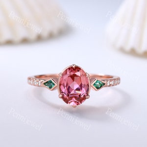 Rose Gold Sapphire Engagement Ring Oval Cut Padparadscha Sapphire Ring Emerald Diamond Wedding Band Women Anniversary Valentine's Ring Gift