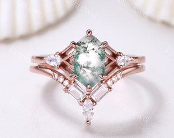 Zeshoek gesneden natuurlijke mos Agaat verlovingsring set unieke 14k Rose goud groene Agaat trouwring Vintage Moissanite 2st bruids sieraden set