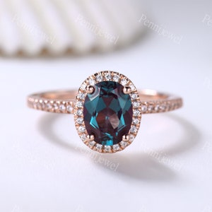 Vintage Alexandrite Engagement Ring Oval Cut Diamond Halo Ring Unique Women Wedding Anniversary Ring June Birthstone Rose Gold Stacking Ring