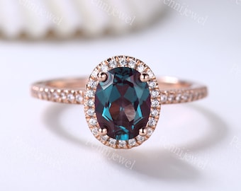 Vintage Alexandrite Engagement Ring Oval Cut Diamond Halo Ring Unique Women Wedding Anniversary Ring June Birthstone Rose Gold Stacking Ring