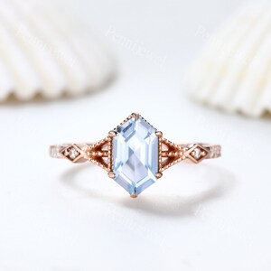 Vintage Long Hexagon Cut Aquamarine Ring Diamond Rose Gold Band Natural Blue Aquamarine Jewelry Art Deco Promise Engagement Ring For Women