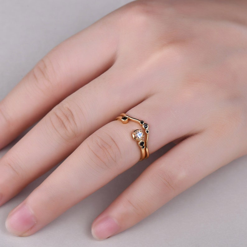 Moonstone Engagement Ring Set Yellow Gold Plated Black Cubic Zircon Matching Band Sterling Silver 925 Natural Moonstone Adjustable Ring Set