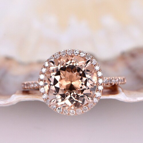 14K Rose Gold Morganite Engagement Ring Diamond Wedding Band - Etsy