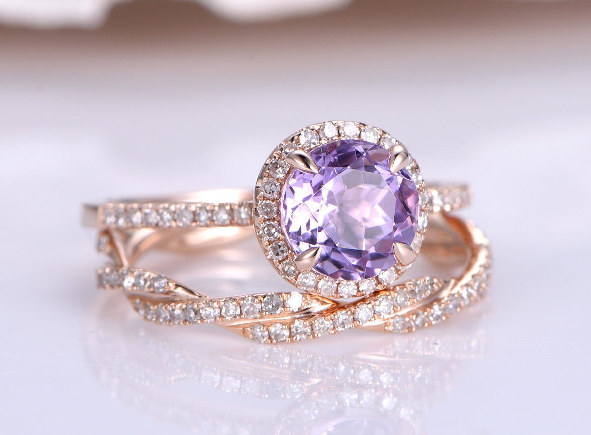 Amethyst Engagement Ring Set Natural Amethyst Ring 6.5m Round Etsy