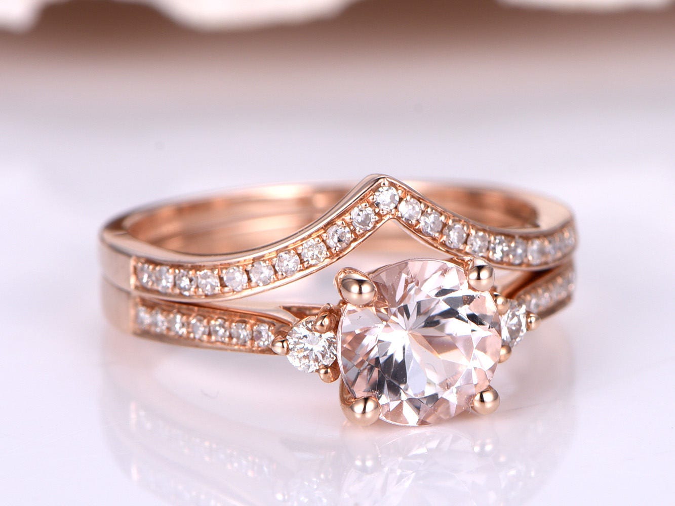 1.2ct Pink Morganite Engagement Ring Bridal Ring Set 7mm Round | Etsy