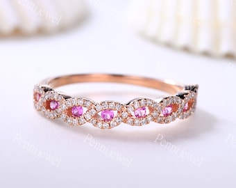 2mm Natural Pink Sapphire Wedding Band,Moissanite Pink Sapphire Promise Ring,Half Eternity Ring,Anniversary Gift For Her,Valentine's Gift