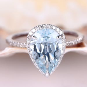 3ct Pear Shaped Aquamarine Engagement Ring VS Natural Blue Aquamarine Solid 14k White Gold Diamond Wedding Band Bridal Ring Petite Band Halo image 1