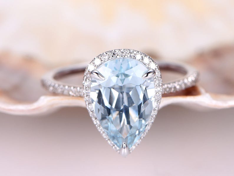 3ct Pear Shaped Aquamarine Engagement Ring VS Natural Blue Aquamarine Solid 14k White Gold Diamond Wedding Band Bridal Ring Petite Band Halo image 1