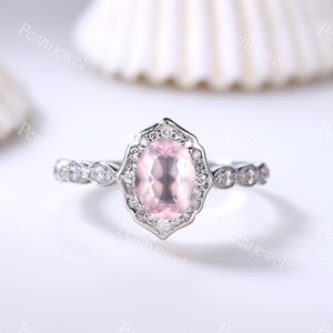 Exquisite Oval Cut Rose Quartz Engagement Ring,6x8mm Natural Rose Quartz,Birthday/Valentine Gift,Diamond Halo Ring,Rose Quartz Promise Ring