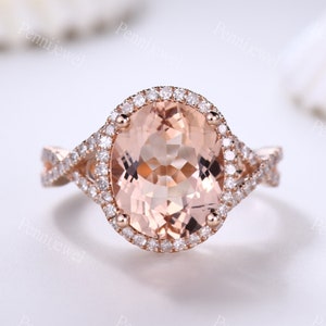 Vintage 12x10mm Oval Cut Morganite Engagement Ring,Infinity Diamond Wedding Band,Rose Gold,Diamond Halo Ring,Morganite Diamond Propose Ring