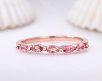Pink Tourmaline Wedding Band,Natural Tourmaline Band,14K 18K Rose Gold Ring,Stackable Matching Band,October Birthstone,Pink Gemstone Ring