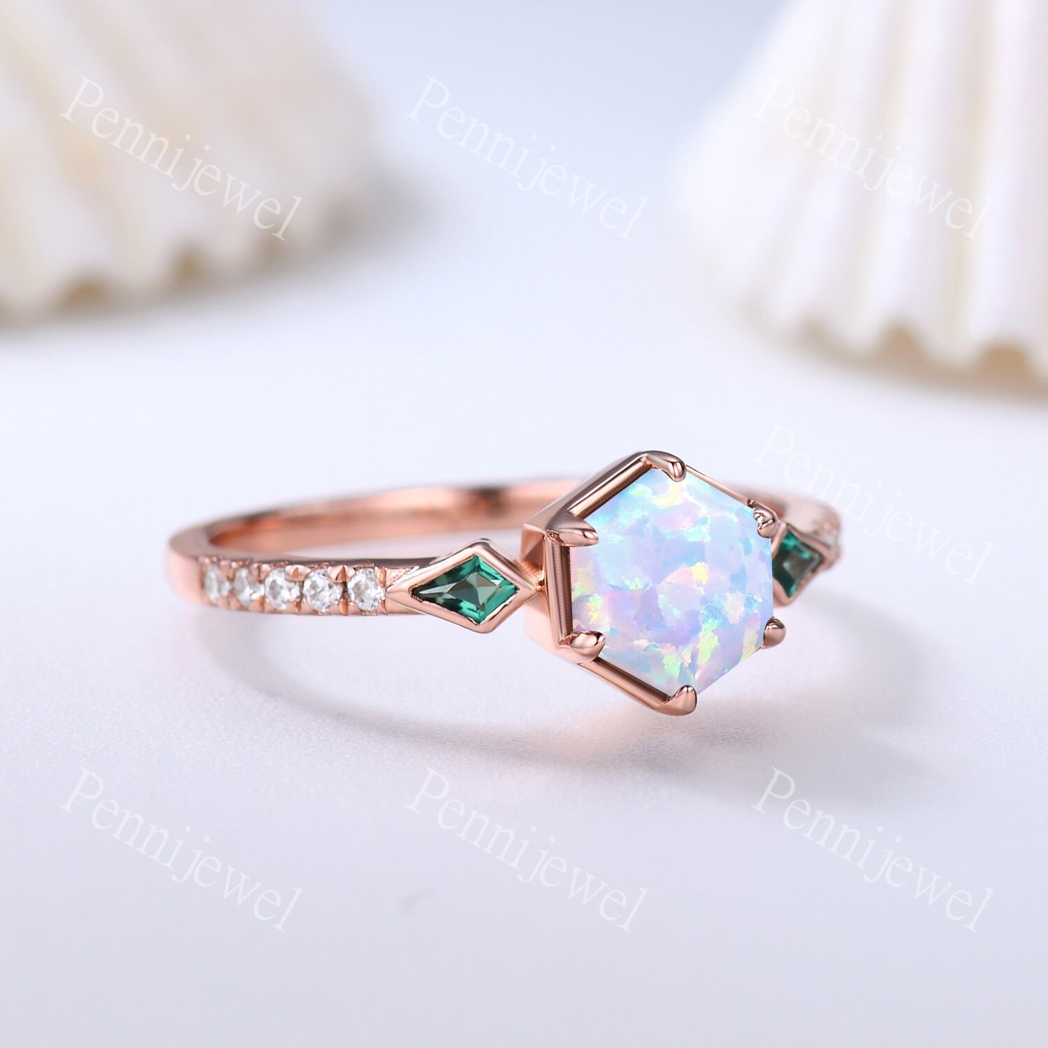 White Opal Engagement Ringhexagon Cut Gemstone Ringdiamond - Etsy