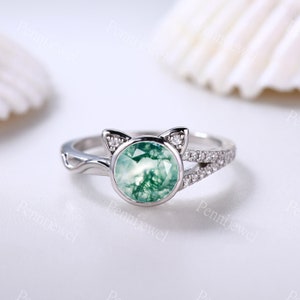 Natural Round Cut Moss Agate Diamond Engagement Ring 14k White Gold Anniversary Ring For Women Unique Gift Lovely Cat Ring Diamond Band