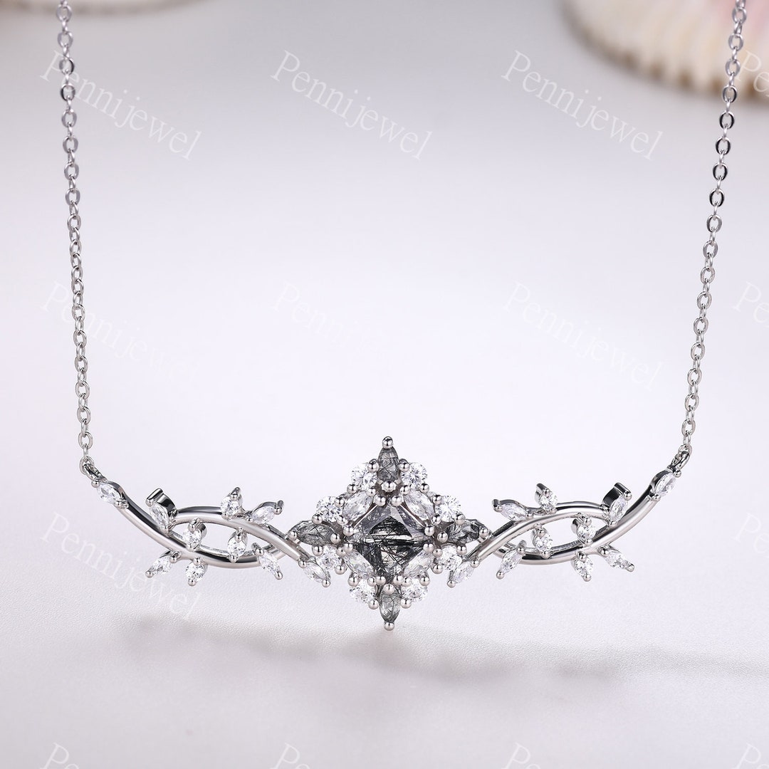 Black Rutilated Quartz Necklace Princess Cut Necklace Leaf