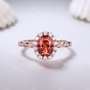 Vintage Oval Cut Padparadscha Sapphire Ring Diamond Halo Rose Gold Band Orange Sapphire Jewelry Art Deco Promise Engagement Ring For Women