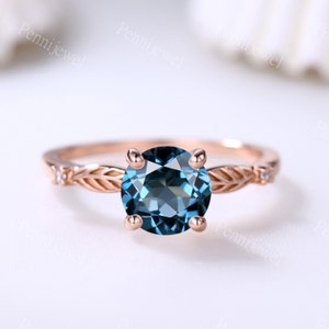 Rose Gold 1.25ct London Blue Topaz Engagement Ring For Women Diamond Band Natural Inspired Leaf Design Art Deco Topaz Promise Bridal Ring