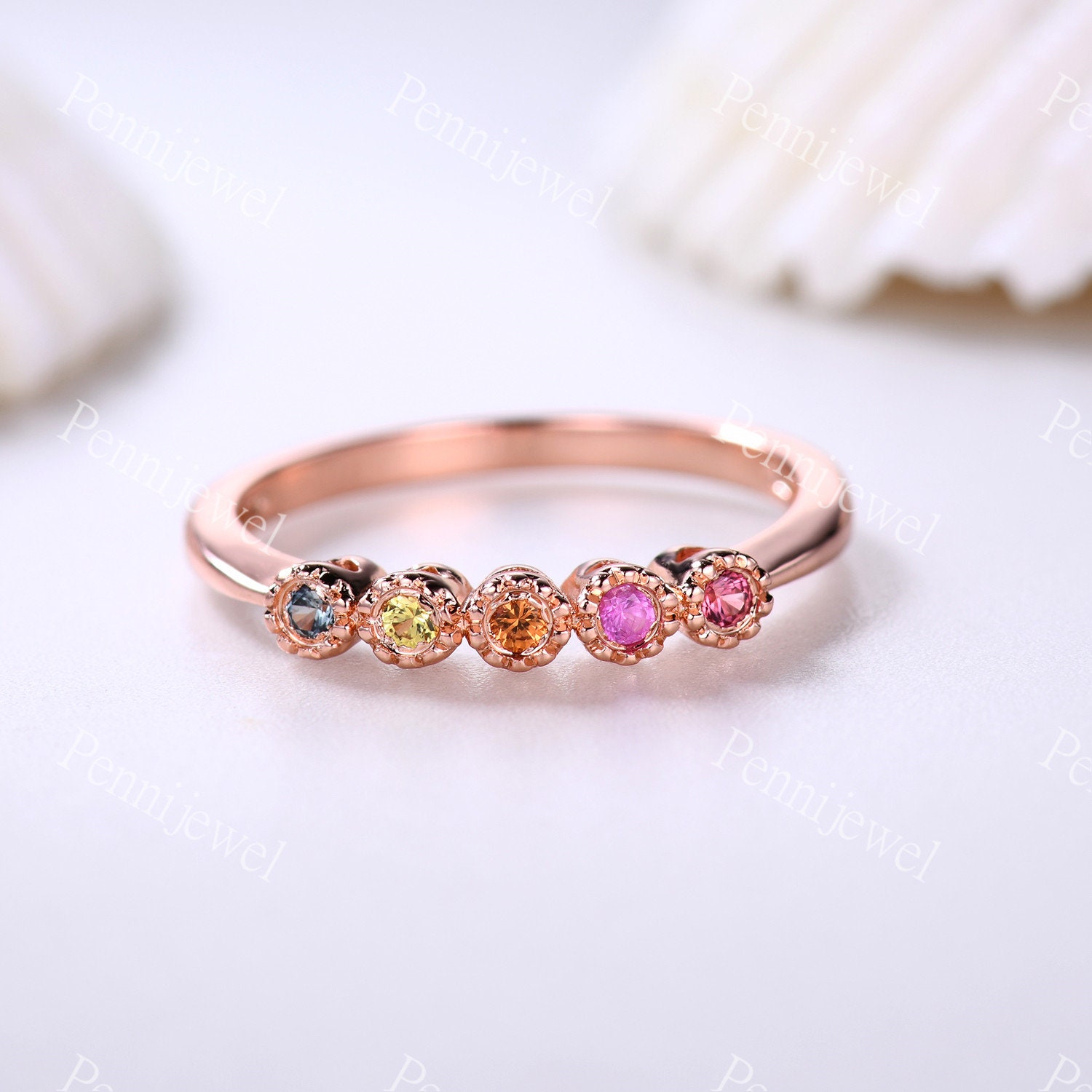 2mm Round Cut Gemstone Wedding Band tourmaline pink Sapphire