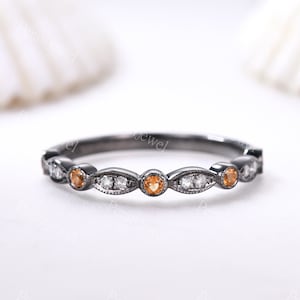 Milgrain Citrine Diamond Wedding Band 14K 18K Black Gold Eternity Band Diamond Engagement Ring Stacking Matching Band Marquise Set Pave Band