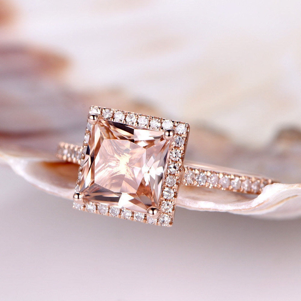 7mm Princess Cut Morganite Engagement Ring Rose Gold Natural | Etsy