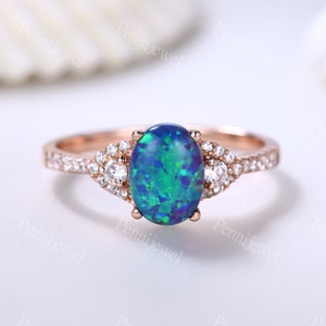 Black Opal Diamond Ring,Rose Gold 6X8mm Oval Cut Black Opal Engagement Ring,Anniversary Promise Ring,Half Eternity Diamond Band,Gift For Her