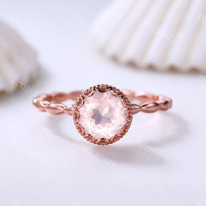 Dainty Rose Quartz Engagement Ring,7mm Round Cut Rose Quartz,Art Deco Wedding Ring,14K Rose Gold Band,Birthday/Anniversary Gift For Her