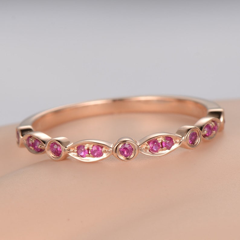 Milgrain Natural Red Ruby Wedding Band 14k Rose Gold Half - Etsy