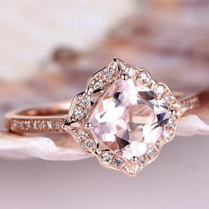 7mm Cushion Morganite Ring Vintage Floral Engagement Ring Rose Gold Diamond Wedding Band Unique Promise Ring Bridal Ring 14K image 2