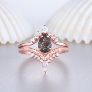 Rose Gold Wedding Ring Set Black Quartz Rutilated Engagement Ring Vintage Pear Shaped Quartz Ring Rose Gold Stacking Bridal Set