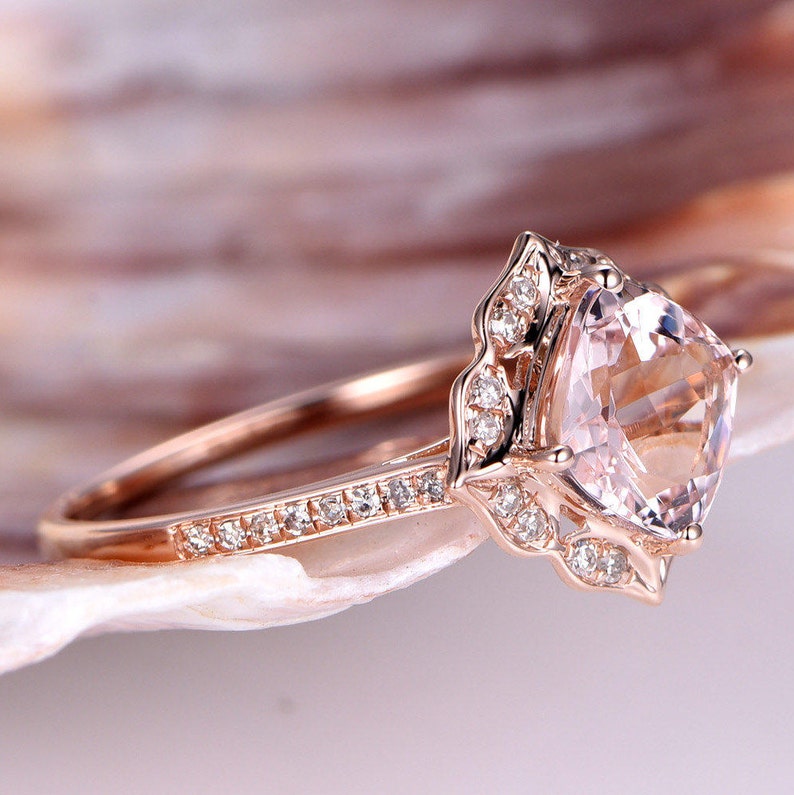 7mm Cushion Morganite Ring Vintage Floral Engagement Ring Rose Gold Diamond Wedding Band Unique Promise Ring Bridal Ring 14K image 3